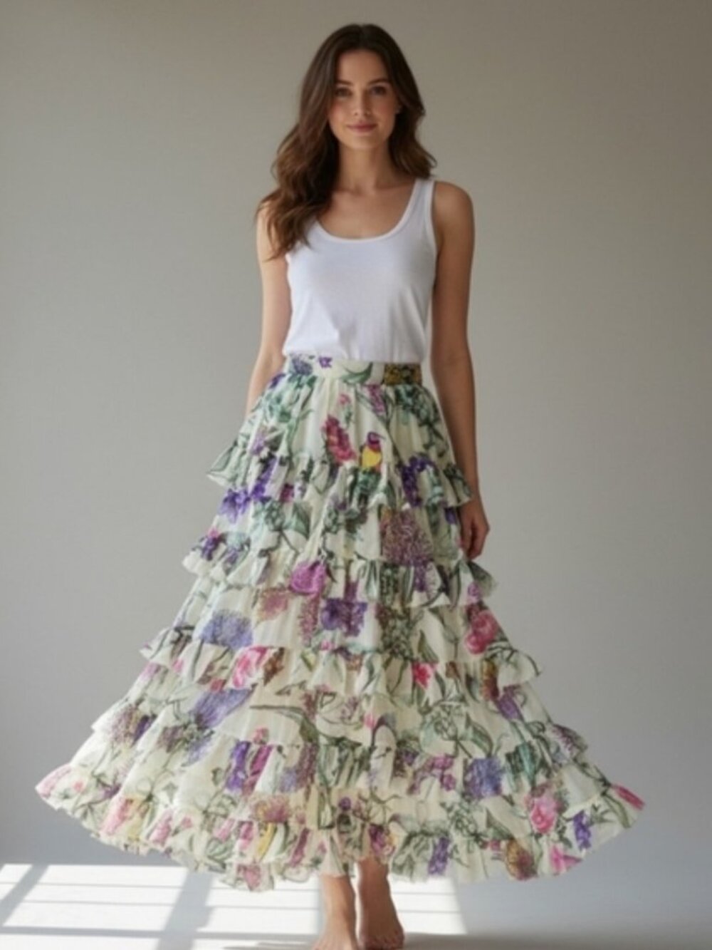 Multi-tiered colorful Chiffon raw edge flowy frilly skirt